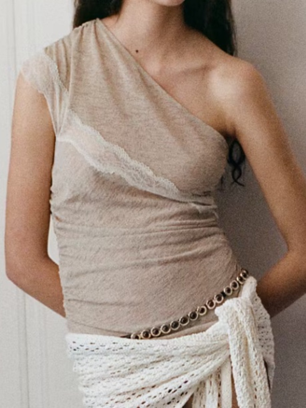Mango Beige Knit One-Shoulder Top LACE TOP WITH ASYMMETRICAL NECKLINE 9073